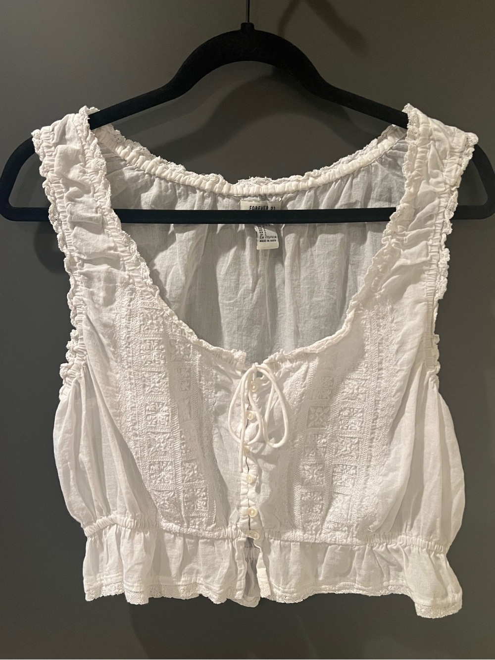 Forever 21 White Lace-Trim Tie-Front Crop Camisole